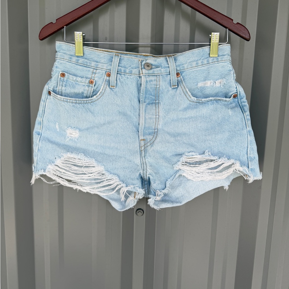 Levi's Light Blue Denim Shorts with Tan Leather Patch